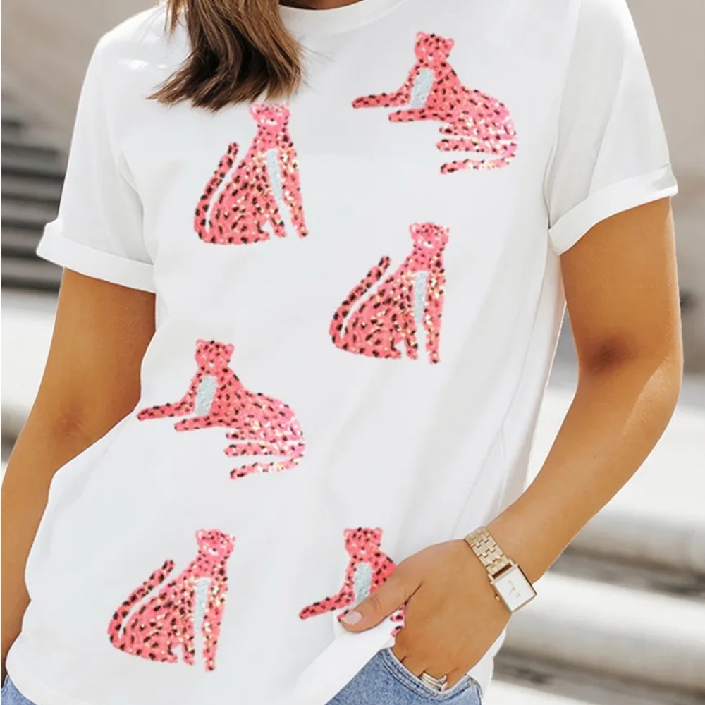White T-Shirt with Pink Sequined Leopards
